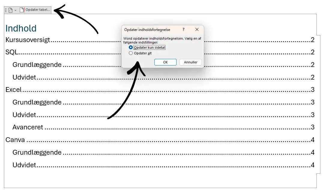 Opdater indholdsfortegnelse