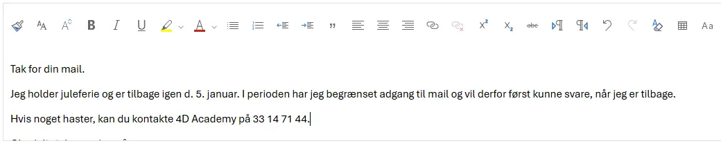 Eksempel på autosvar tekst