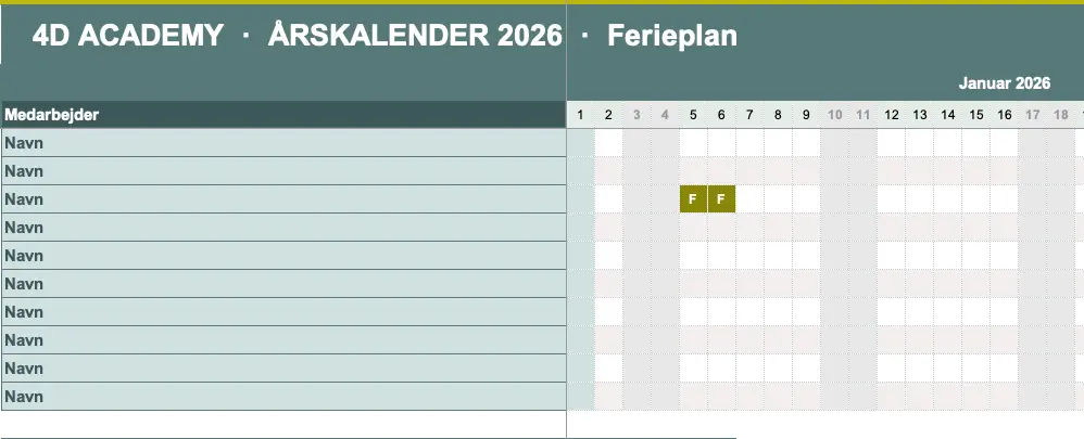 Årskalender, hvor man kan tilføje ferie